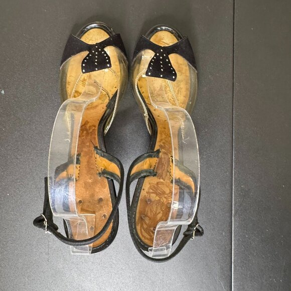 Vintage 40s Clear Plastic Black Suede Sling Back Open-Toe Heels, Vintage Shoes - Picture 6 of 11